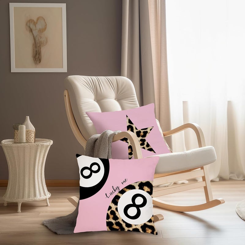 Nipil Trendy Leopard Pillow Covers 18x18, Pink Cheetah Leopard Print Room Decor, Preppy Cheetah Print Star Lucky 8 Ball Decorative Throw Pillow Covers for Girls Bedroom Dorm Apartment, Set of 2 - Image 5